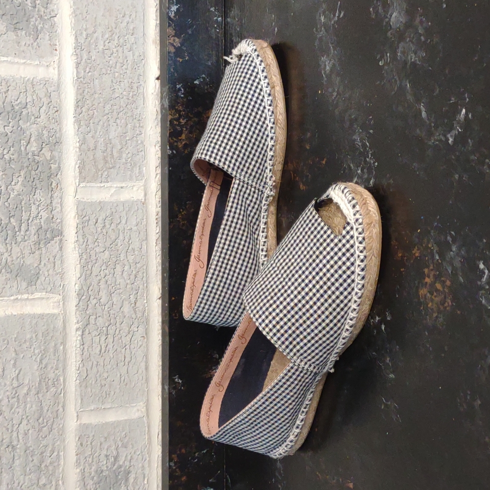 Cousu Main Women's Black/Blue Checkered Open Toe Flat Espadrilles Shoes Size 6